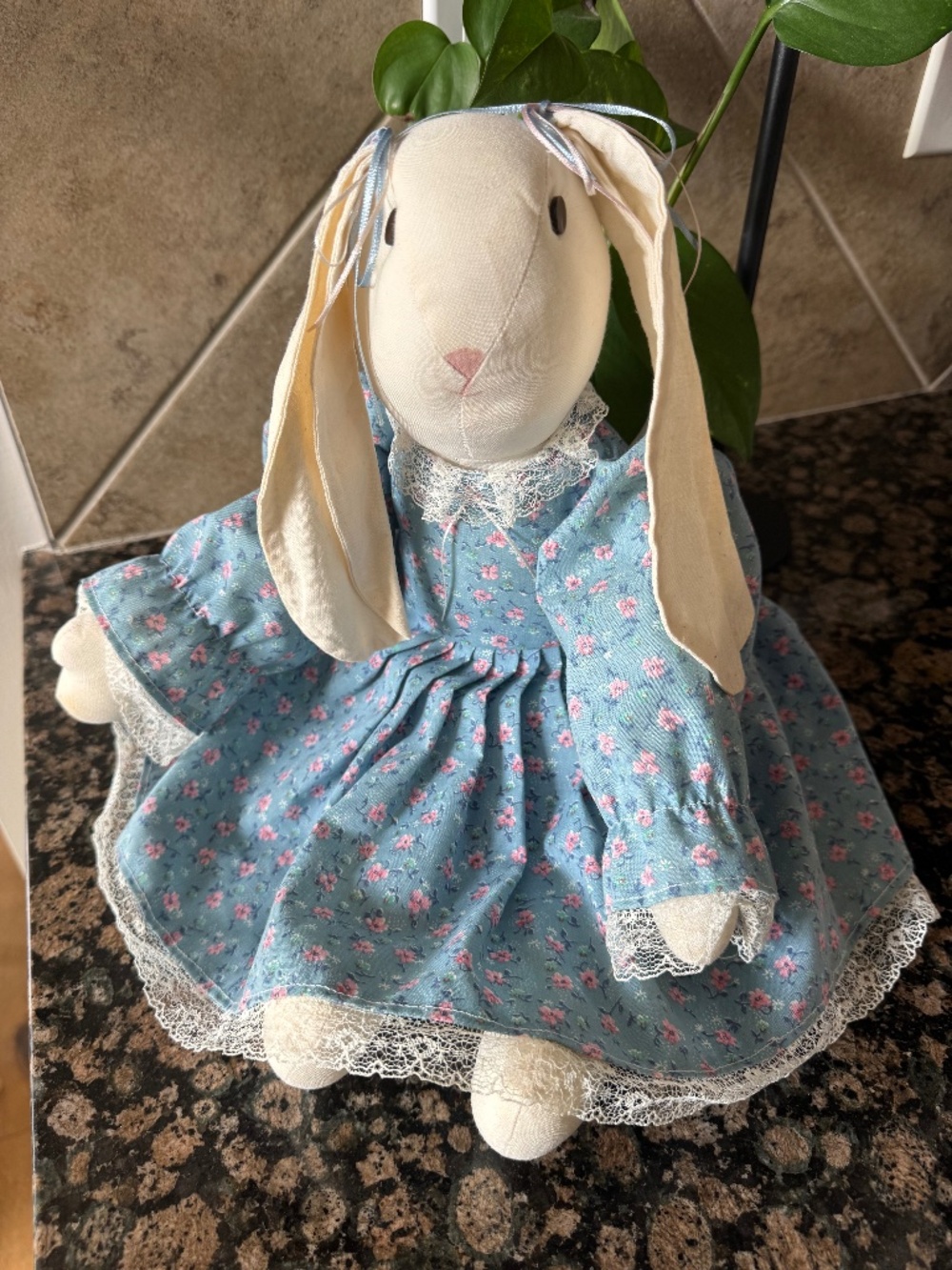 Vintage Hand Sewn Fabric Floppy Bunny Rabbit Cottagecore Easter Spring Blue